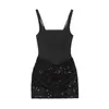 Vestido de Suspensório Patchwork com Lantejoulas Estilo Europeu e Americano para Mulheres, Corte Justo, Estilo Curto, Sexy Hot Girl Novo Vestido da Moda