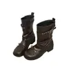 Botas Martin plissadas para outono e inverno, bico redondo moderno, doces e estilosas, com sola grossa, para mulheres, com detalhe de laço, botas da moda, novo estilo 2026 retrô e versátil