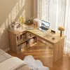 Escritorio de esquina imitación madera maciza con estantería, escritorio de computadora integrado, mesa para dormitorio en casa con gabinete de almacenamiento, banco de trabajo de esquina integrado