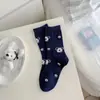Calcetines de Primavera y Otoño para Mujer, Calcetines de Media Pantorrilla Lindos de Perro de Dibujos Animados, Etiqueta de Tela con Borde Enrollado, Calcetines de Algodón Peinado Sin Costuras, Calcetines Holgados Azul Oscuro