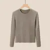 Camiseta de manga larga ajustada para mujer, top de otoño, capa base blanca de bambú mousse, nueva capa interior transpirable de cuello redondo