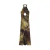 Moda feminina europeia e americana transfronteiriça AliExpress item mais vendido tendência vestido midi estampado com gola halter