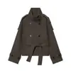 Atacado de roupas femininas transfronteiriço 2026: Atacado de novos casacos trench e jaquetas de lã macia, de abotoamento duplo, com cadarço, europeus e americanos