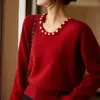 Outono e Inverno 2025 Novo Suéter de Lã 100% Pura com Gola Redonda de Luxo Acessível para Mulheres, Base Macia e Sedosa, Amigável à Pele, Suéter de Caxemira com Contas Branco