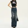 Calça Jeans Flare de Cintura Alta Landing Vintage de Corte Solto para Mulheres, Novo Estilo Americano com Bolsos de Nicho que Cobrem o Quadril, Perna Larga, Boca de Sino