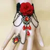 Joyería de Mano Gótica Punk Vintage Moda Pulsera de Encaje Flor de Color Rojo Vino Anillo de Rosa Roja Pulsera de Muñequera de Una Pieza