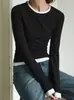 Suéter de punto de color liso de cuello redondo de dos piezas falsas, camiseta interior de manga larga para mujer, top ajustado para adelgazar, versátil para todo