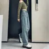 Diseño Vintage Bolsillo Trasero Bordado Pantalones de Pierna Ancha para Mujer Cintura Alta Holgado Versión Estrecha Pantalones Largos Nostálgicos