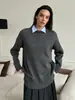 Suéter Pulóver de Cuello Redondo Transfronterizo Estilo Europeo y Americano Otoño e Invierno 2025 Suéter de Punto de Color Sólido con Abertura Versátil Cálido Casual para Mujer