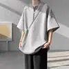 Camiseta Masculina de Verão Nova Tendência Estilo Americano Solta Meia-Manga com Gola Henry Pesada Meio Zíper Manga Curta 280g