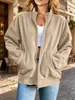 Cárdigan de pana estilo relajado transfronterizo con cuello alto, cierre de cremallera completo, bolsillos, hombros caídos y mangas largas - una chaqueta casual