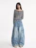 Roupas Femininas de Seda Laranja # Jeans Scimitar Azul Retrô Americano para Mulheres, Calças Cargo Wide-Leg Vintage Lavadas de Outono com Bolsos Grandes