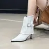 Hebilla de Cinturón Moda Coreana Botas de Pierna de Pantalón Chica Picante Mujer 2026 Otoño/Invierno Nueva Llegada Punta Puntiaguda Slip-on Adelgazantes Tacón Alto Botines
