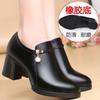 Sapatos femininos de couro preto com sola macia, sapatos simples 2023, novos, salto médio, confortáveis, estilo coreano, fáceis de combinar, outono, salto grosso, sapatos femininos