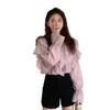 Camisa Delgada de Gasa Irregular con Volantes para Mujer 2026 Diseño Nuevo Primavera y Otoño Top de Manga Larga en Capas Estilo Coreano