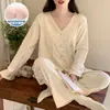 Pijama Derong para Mujer con Almohadillas para el Pecho Otoño e Invierno Nuevo Estilo Coreano Dulce Sencillo de Manga Larga Engrosado Cálido Conjunto de Ropa para el Hogar