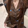 Pijama de Seda de Hielo para Mujer en Otoño e Invierno Retro Kt Cat Color Café de Alta Gama Pantalones de Manga Larga Ropa Casual para el Hogar Se Puede Usar Fuera del Traje