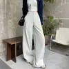 Calça de Algodão Titânio Wide-Leg para Mulheres, Novo Estilo Outono 2026, High-End, Drapeada, Solta, Casual, Calça Social Cinza
