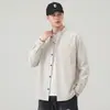 Camisa retro americana de cuello mao de manga larga para hombre, casual de primavera, corte holgado, azul marino, chaqueta camisa para hombre, top al por mayor