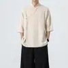 Verão 2026 Estilo Chinês Masculino Simples Algodão e Linho Hanfu Melhorado Roupa de Chá Roupa Zen Gola Diagonal Manga Curta Top para Homens