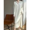 Vestido Tricot Lã Casual Solto Feminino 24 Outono e Inverno Novo Joelho Meio Zíper Gola Lapela Saia Suéter