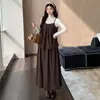 Conjunto Maternidade Outono/Inverno Novo Estilo Marrom Escuro Poá Vestido Camisola Conjunto de Três Peças com Camada Base para Gravidez Casual Cobertura de Barriga Roupa Exterior