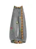 Jeans de Perna Larga Bordado 3D de Dachshund de Desenho Animado de Cor Clara para Homens e Mulheres, Cintura Alta, Emagrecedor, Corte Reto, Calças Compridas até o Chão para Outono e Inverno