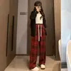 Calça Xadrez Vintage de Perna Larga para Mulheres, Novo Estilo Primavera 2023, Calça Reta Casual Forrada com Lã, Calça Feminina de Design Versátil