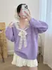 Suéter de punto tipo pullover con cuello en V y lazo estilo coreano, nuevo modelo otoño e invierno 2026, corte holgado, adelgazante, top de punto de estilo suave para mujer