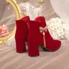 Botas de Casamento Outono e Inverno de Celebridade da Internet 2025 Novas Botas Femininas Botas de Noiva Laço Borgonha Franja de Strass Botas da Moda