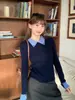 Suéter Falso de Duas Peças Base Feminina Roupa Íntima 2026 Novo Primavera Outono Malha Azul Escuro Top Elegante