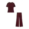 Moda Femenina Verano 2026 Cuello Redondo Simple Color Sólido Hueco Manga Corta Top + Pantalones Largos Rectos Conjunto Casual