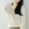 Camiseta base de ganchillo calada para mujer, estilo fino, nueva capa interior primavera/verano, top de punto holgado, elegante top de algodón puro de manga larga