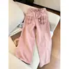 Calça jeans feminina de alta costura rosa com design de nicho, retalhos xadrez, perna larga, para primavera e outono de 2026, solta, casual, afina a silhueta