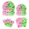 Em estoque: Pratos de papel, copos de papel, talheres, toalha de mesa, faixas decorativas de pendurar e adereços de decoração para festa de aniversário infantil de bruxa má