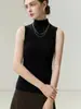 Camiseta básica sem mangas canelada de cashmere 100% puro, corte justo, gola semi-alta, suéter quente de malha para usar em camadas
