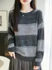 Outono/Inverno 2026 Novo Tricô Fino de Lã Gola Redonda Manga Longa Feminino Bloco de Cores Lantejoula Solto Pulôver Camisa Base