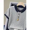Camiseta de Manga Corta con Bloques de Color de Punto de Seda de Hielo para Mujer 2026 Nuevo Verano Camisa POLO Elegante Top Holgado que Reduce la Edad