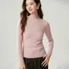 Suéter 100% caxemira pura para mulheres, nova coleção outono/inverno, cor sólida, malha canelada de fio único, gola semi-alta, pulôver de manga longa