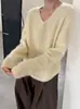 Textura tipo nuvem26 Suéter de Tricô com Decote V de Manga Longa em Lã e Cashmere Atmosférico Outono/Inverno para Mulheres, Pulôver Liso
