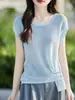 Camiseta de Punto de Lino Redonda Transfronteriza para Mujer Verano 2026 Nuevo Estilo Coreano Holgada Casual Irregular Adelgazante