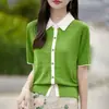 Cardigan de Meia Manga em Mistura de Algodão Lyocell, Novo Estilo de Verão para Mulheres, Gola Peter Pan, Peça de Roupa Externa Redutora de Idade e Estilosa com Design em Cor Contrastante