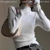 Camiseta Base de Punto Azul de Cuello Alto Medio para Mujer Otoño e Invierno Suéter Suave y Ceroso de Alta Calidad con Top Tea-in-tea