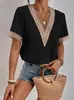 2024wish transfronterizo ebay Amazon blusa holgada de encaje con cuello en V para mujer, camisa de manga corta con temperamento para ir al trabajo para mujer
