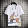 Camiseta de Manga Corta de Algodón Puro con Gato de Dibujos Animados para Hombre Verano Fina 2021 Nueva Versátil Holgada de Marca de Moda Camiseta de Media Manga