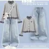 Conjunto de duas peças: Cardigã xadrez patchwork estilo preppy coreano para meninas com mangas compridas e calça jeans da moda com estampa de estrela de cinco pontas
