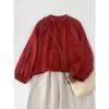 Blusa de Algodón y Lino de Manga Elástica con Botón de Un Solo Botón y Corbata, Manga de Farol, Botón Pequeño Holgado, Protección Solar, Disponible en Stock 2025 para Mujeres