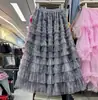Saia de Bolo em Malha com Estampa Tie-Dye Retrô Saia Longa Saia de Gaze em Cor Gradiente Saia Longa Fofa em Linha A