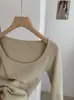 Suéter de Punto KEKEZOON Cuello Cuadrado Hombros al Descubierto Color Sólido Ajustado Manga Media para Mujer Estilo Coreano Puro Deseo 8758