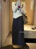 Falda Larga de Punto Coreana Simple y Versátil para Otoño e Invierno, Aspecto Adelgazante, Cintura Elástica con Cordón, Ranura Recta, Cintura Alta, para Mujer